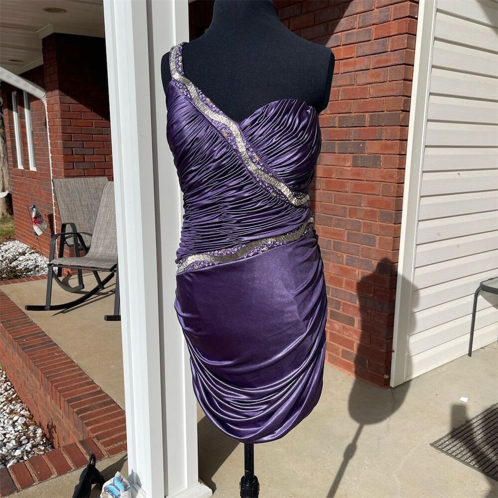 Milano Women's One Shoulder Purple Beaded and Satin Dress Sz 12 Formal Cocktail
